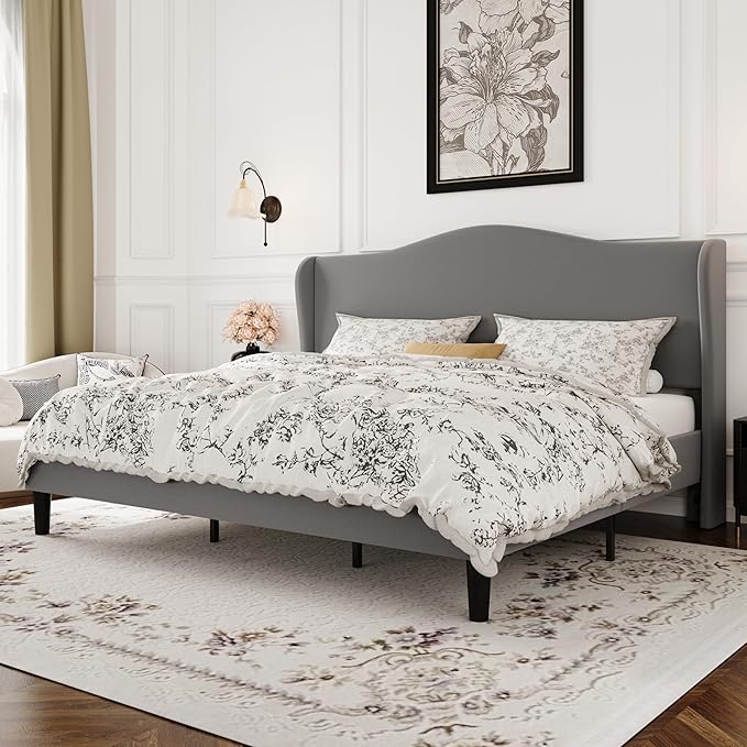 SHA CERLIN King Size Velvet Platform Bed Frame with Elegant Wingback Headboard, Modern & Luxurious Design, Sturdy Wooden Slats, No Box Spring Required, Easy Assembly, Noise-Free, Soft Grey