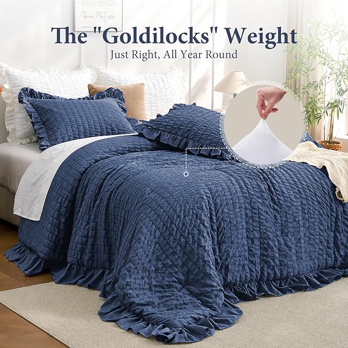 JOLLYVOGUE Navy Blue Queen Comforter Set, 3 Pieces Seersucker Comforters Queen Size, Lightweight & Fluffy Bedding Sets Queen for All Season with 1 Ruffle Comforter and 2 Ruffle Pillowshams