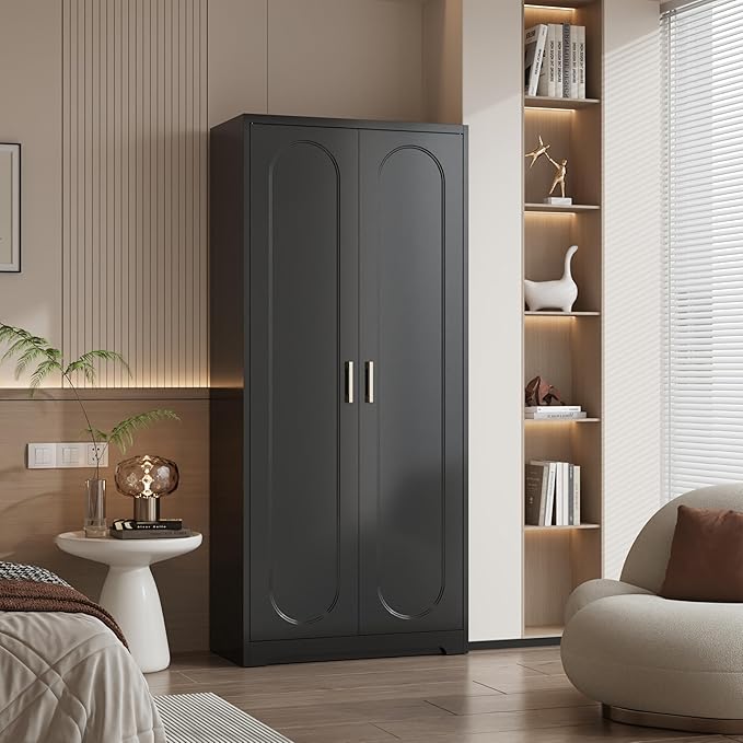 Polup Metal Armoire Wardrobe Closet with Hanging Rod, 71" Tall Wardrobe Cabinet for Clothes, Black Clothing Storage Cabinet with Doors and Shelves, Large Wardrobes for Bedroom, Office, Employee