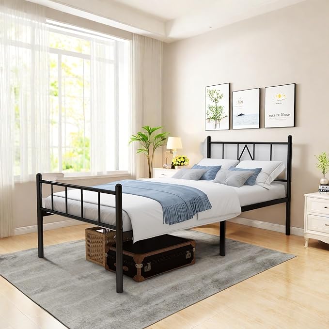 FONTOI Twin Size Bed Frame, 14 Inch Metal Platform Bed with Iron-Art Headboard & Footboard, Max 3500lbs Metal Slat Support, Classic Bed Frame with Under Bed Storage & No Box Spring Needed, Black