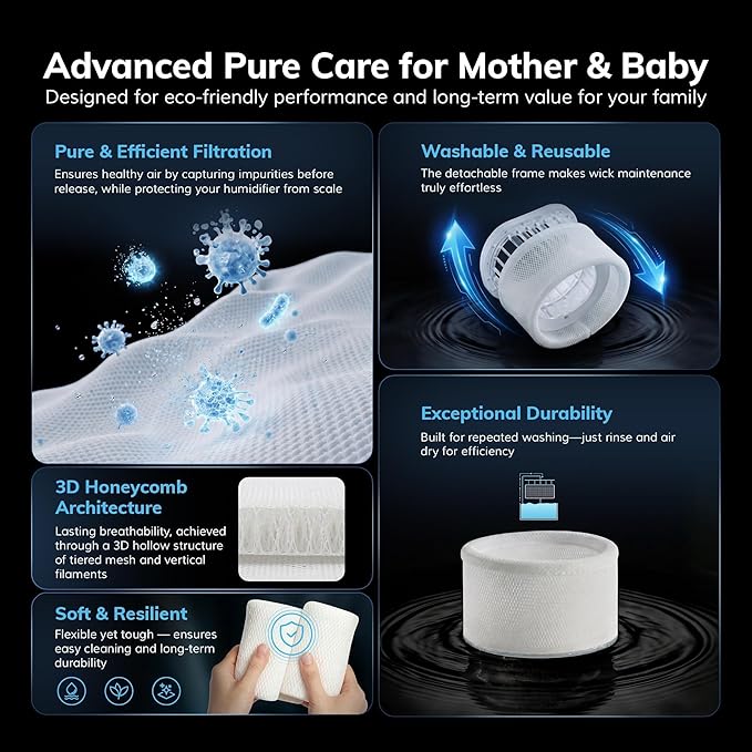 AEOCKY Mist-Free Evaporative Humidifier, No White Dust for Baby, 4.5L Humidifiers with Auto, Dry Filter, Self-Clean, Power & Sleep Mode, Timer for Bedroom, Home, Nursery