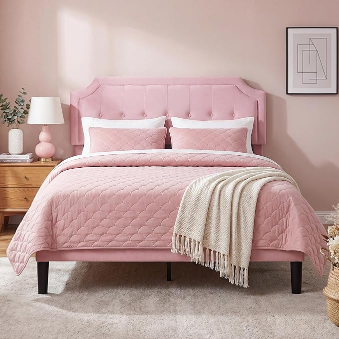 VECELO Queen Size Velvet Bed Frame with Headboard, Upholstered Platform Bedframe with Strong Wooden Slats, No Box Spring Needed, Easy Assembly,Pink