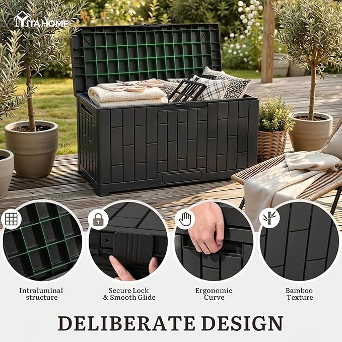 YITAHOME 60 Gallon Outdoor Storage Box, Large Water Resistant Resin Deck Box with Slide-Locking, Indoor Outdoor Bamboo-Textured Storage Container for Patio, Garden, Cushions, Tools, Equipment (Black)