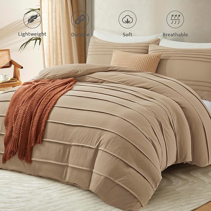 Oli Anderson Khaki Duvet Cover King Size - Pleated King Duvet Cover, 3PCS Soft and Breathable Textured Bedding Set with Zipper Closure(Khaki,104"x90")