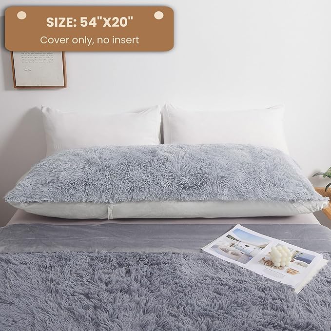 MEGO Shaggy Plush Body Pillow Cover, Faux Fur Fluffy Body Pillowcase, 20x54 Boho Fuzzy Full Body Pillow Case, Furry Long Big Throw Pillow Sham with Zipper for Home Bedding Couch Living Room Light Grey
