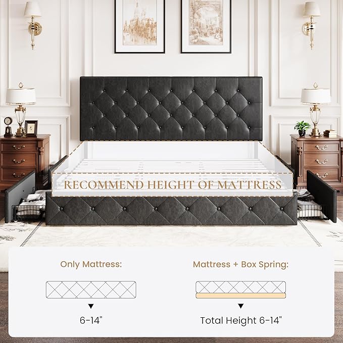SHA CERLIN Upholstered King Platform Storage Bed Frame with 4 Drawers, Adjustable Headboard with Faux Leather Diamond Button Tufted Design, Wooden Slat Support, No Box Spring Needed, Black