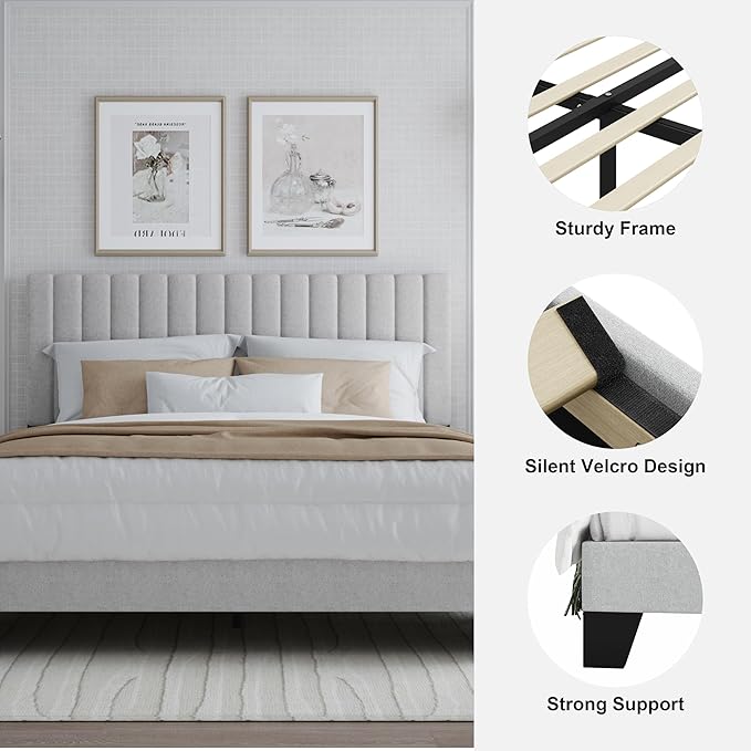 Twin Bed Frame, Fabric Upholstered Platform Bed Frame with Adjustable Headboard, Vertical Quilted Design, Sturdy Slatted Mattress Base, Easy to Assemble, Light Gray