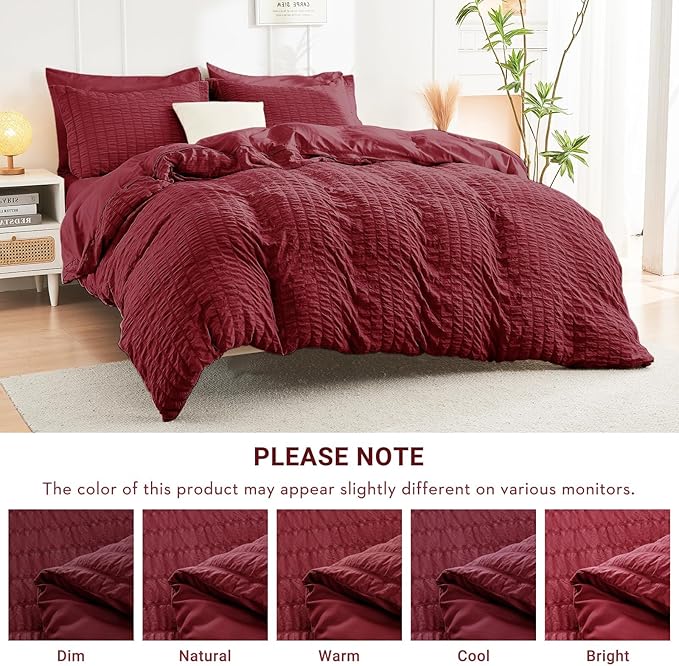 HYMOKEGE Burgundy Full Size Comforter Sets Seersucker 7 Pieces, All Season Luxury Bed in a Bag for Bedroom, Bedding Set with Comforters, Sheets, Pillowcases & Shams