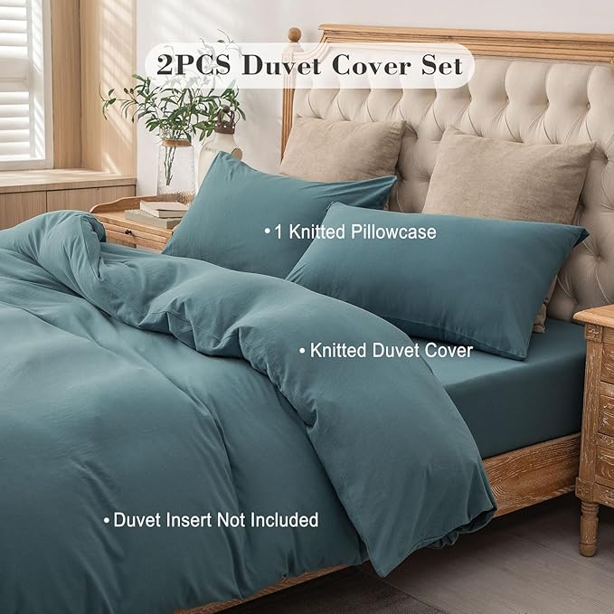 PURE ERA Jersey Knit Duvet Cover Set 100% T-Shirt Cotton Super Soft Comfy 2pc Bedding Set with Zipper Closure (Solid Cerulean Blue, Twin)