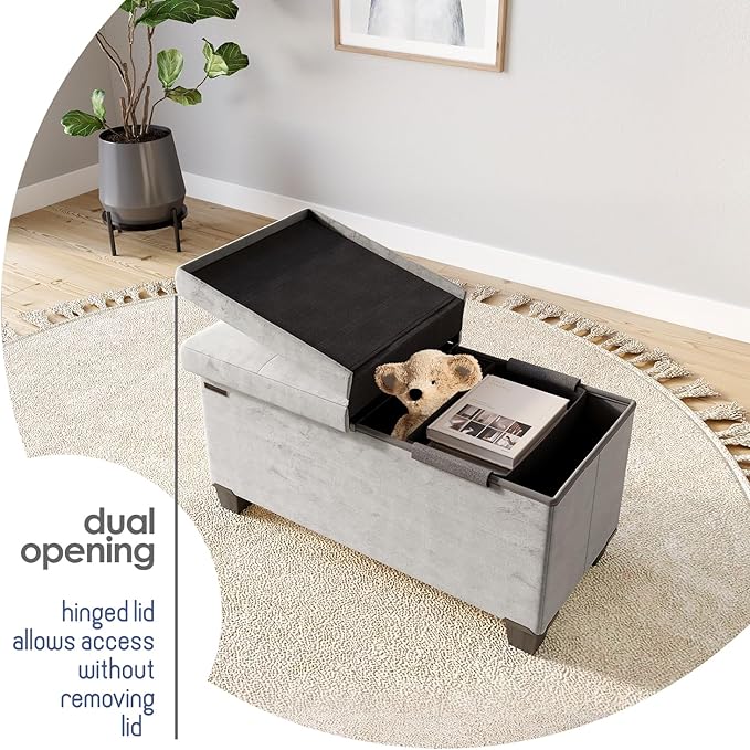 Storage Ottoman Bench with Bins, 30-in Storage Bench for Bedroom End of Bed, Folding Foot Rest Ottoman for Living Room Max 660lbs, Velvet Ottomans, Light Grey