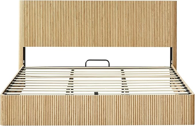 Bellemave King Size Lift Up Storage Bed, Oak Wood Lift Up Bedframe King, Wooden Corrugated Curved Lines, Hydraulic Storage,Oak