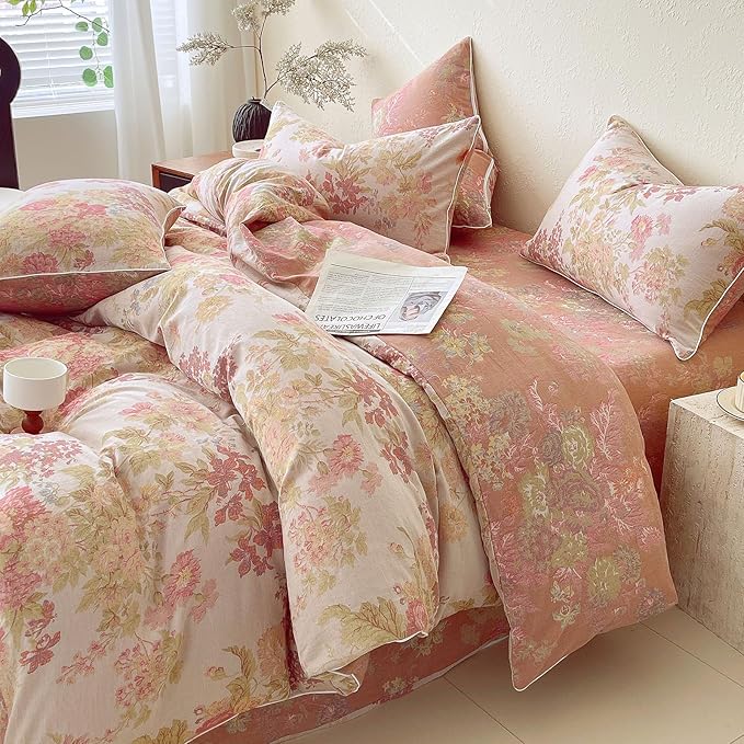 VM VOUGEMARKET Pastoral Double Layer Gauze Cotton Duvet Cover Set – Peach Blush Floral Jacquard,Cozy Reversible Vintage Bedding Set King Size