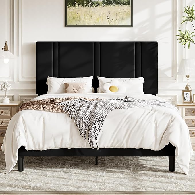 Allewie Full Size Platform Bed Frame with Adjustable Headboard, Plush Velvet Upholstered, Vertical Channel Tufted, Sturdy Wooden Slats, No Box Spring Needed, Easy Assembly, Black