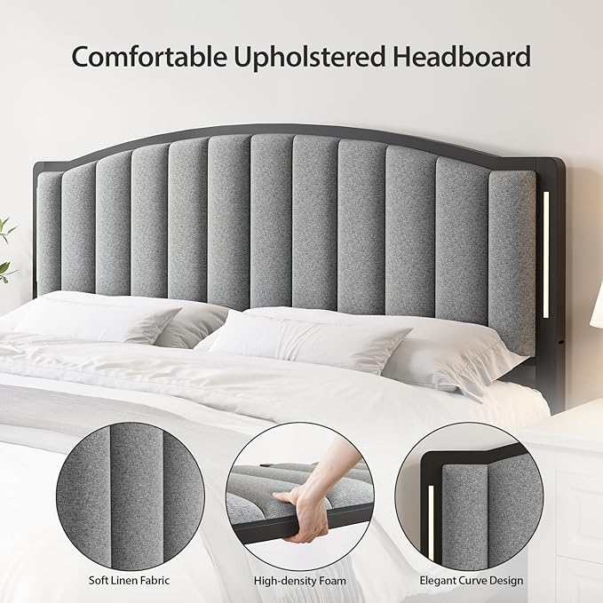 Headboard for Full Size Bed with LED Lights, Upholstered Vertical Channel Tufting Head Boards, Linen Fabric Bed Headboard Only, Attach Frame, Ideal for Bedroom, Dorm, Guest Room, Grey