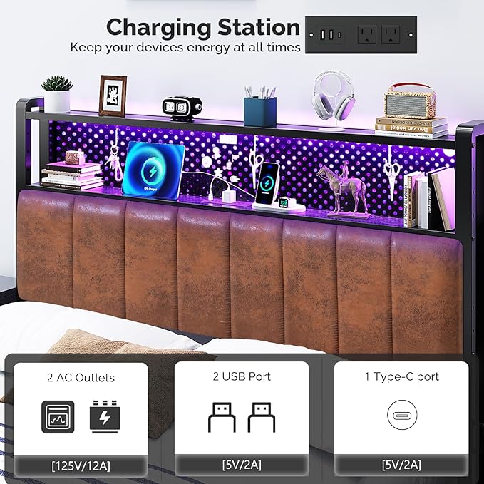 VINGLI Full Size Headboard for Bed with Storage, Upholstered Head Board with Charging Stations and LED Light, 2 Tier Shelves and Pegboard,Height Adjustable,Industrial Brown