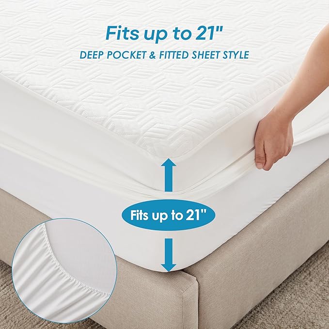 Cozymaker TwinXL Size 100% Waterproof Mattress Protector, Cooling Mattress Pad Cover Fitted 8"-21" Deep Pocket, 3D Air Fabric Soft Breathable Smooth Bed Cover Noiseless Washable, White