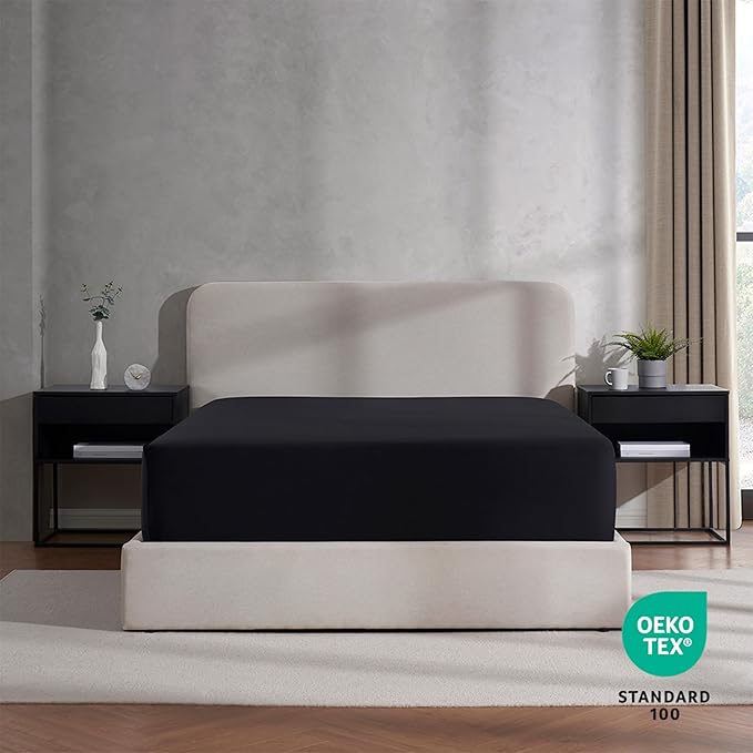 Nestl Black Extra Deep Pocket Fitted Sheet Queen, Hotel Luxury Queen Fitted Sheet Only Easily Fits 18 to 24 Inch Mattress, Super Soft, Wrinkle-Free, and Breathable Bottom Sheets with Corner Straps