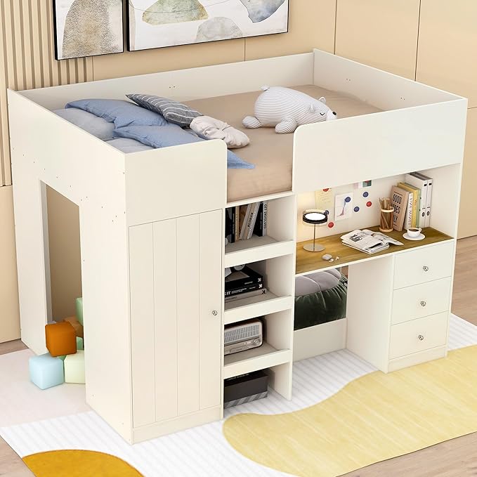 Harper & Bright Designs Full Size Loft Bed with Desk, Wood Full Loft Bed Frame with Built-in Wardrobe, Storage Shelves and Drawers, Beige