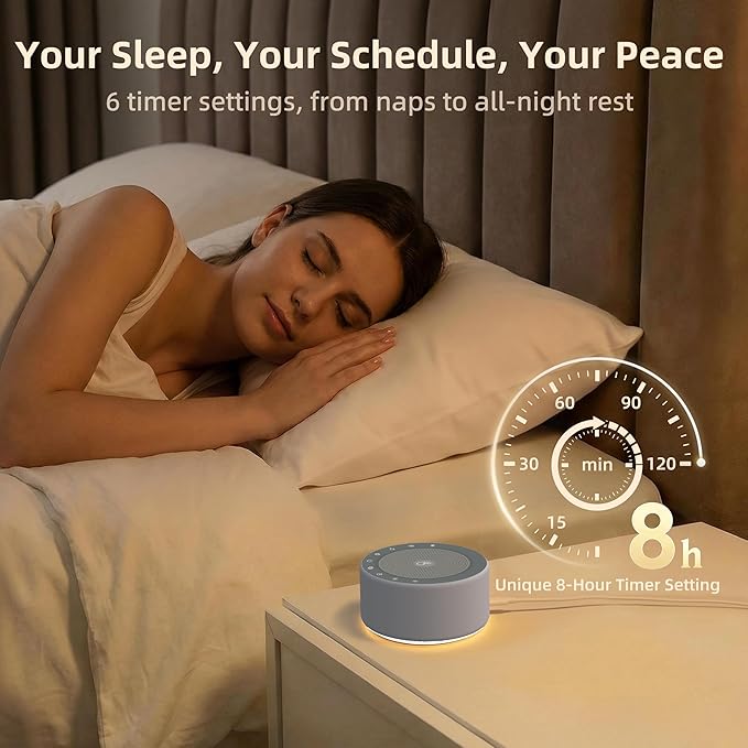 Kipcush White Noise Machine - Soft Non-Glare Nursery Lamp, 30 Soothing Sounds, 8 Color Lights, Max 8-Hour Timer for Baby & Adults (1 Grey, Standard)