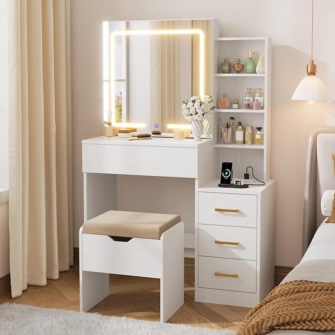 GarveeHome Makeup Vanity Desk with Sliding Mirror, Vanity Dressing Table with 3 Color Adjustable Lights, Girls Vanity Set with Stool, 4 Compact Vanity Drawers, Power Outlet, White