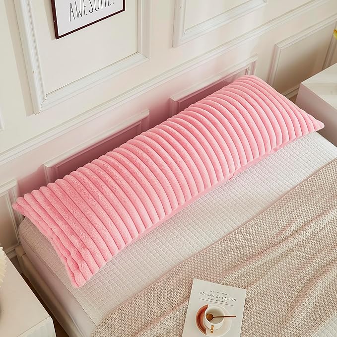 JAUXIO Faux Fur Fluffy Body Pillow Cover Luxury Textured Vertical Stripe Plush Decorative Body Pillowcase, Ultra Soft and Cozy Zipper Closure 21 x 54 Inches, Pink