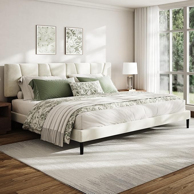 Queen Size Bed Frame with Linen Upholstered Platform Bed Frame, Wooden Slats Support, Noise-Free Mattress Foundation, No Box Spring Needed, Easy Assembly, Beige