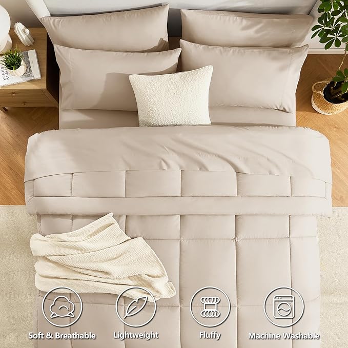 CozyLux Queen Comforter Set Wheat, 7 Pieces Bed in a Bag, Wheat Comforters Queen Size, All Season Bedding Sets with Stitch Quilted Comforter, Flat Sheet, Fitted Sheet, Pillowcases