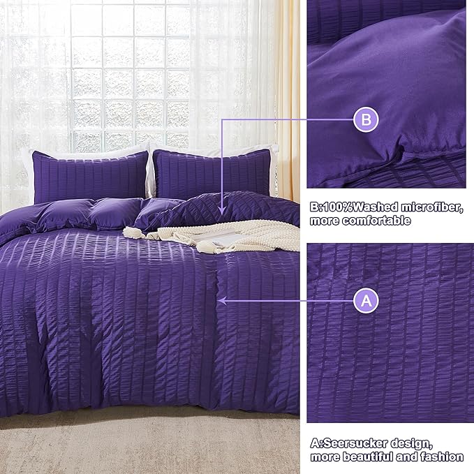 AveLom Dark Purple Duvet Cover King(104 x 90 inches), 3 Pieces (1 Duvet Cover, 2 Pillow Cases), Seersucker Striped Soft Washed Microfiber Textured Duvet Cover Set with Zipper Closure, Corner Ties