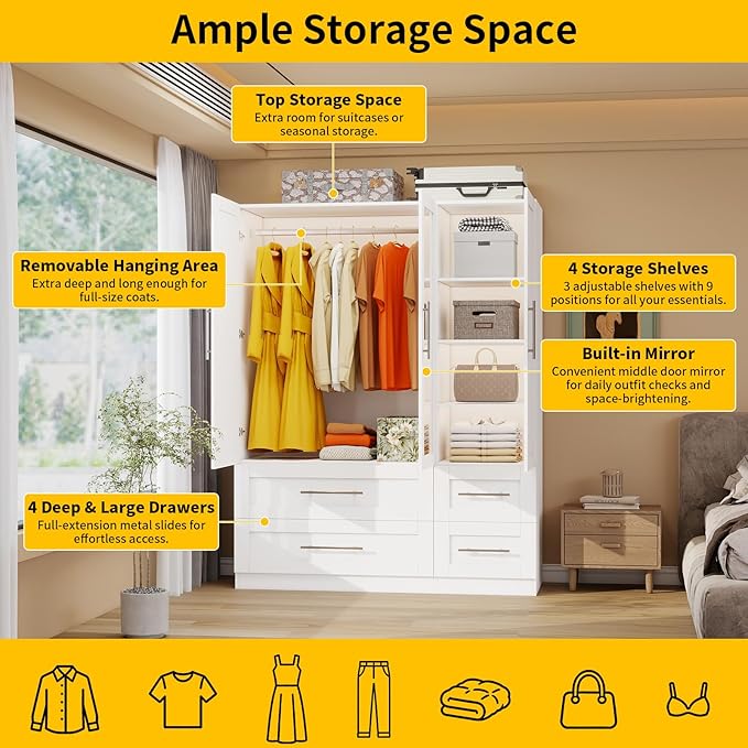 Armoire Wardrobe Closet with 8 Deep Drawers, Wooden Wardrobe Closet with Doors and Shelves, 71" Tall Large Wardrobe Bedroom Armoires with Center Mirror & Hanging Rod, Set of 2, White