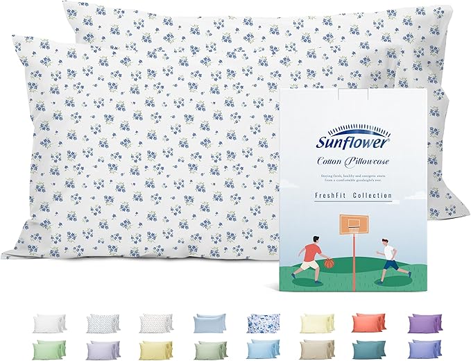 Sunflower King Pillowcases Set of 2, 100% Cotton King Size Pillow Cases 2, 20×40 inches Blue Posy, Soft and Breathable