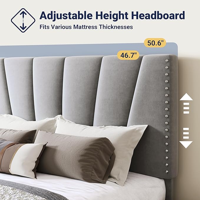 Allewie King Size Bed Frame with Adjustable Velvet Upholstered Headboard, Rivet-Style Nailhead Trim Detail Platform Bed Frame, Wooden Slat Support, No Box Spring Needed, Easy Assembly, Grey