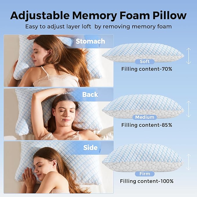 puredown® Pillows Standard Size Set of 2, Shredded Memory Foam Pillows, Cooling Pillow for Sleeping, Bed Pillows Standard Size with Adjustable Foam for Side, Back and Stomach Sleepers