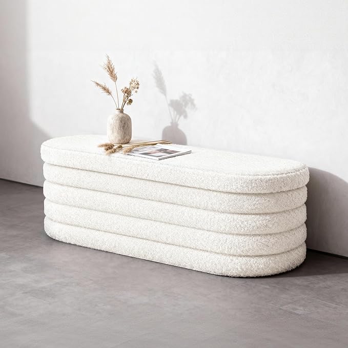 GLAXYFUR Storage Ottoman Bench, 43 Inch Upholstered Entryway Shoe Seat, End of Bed Stool Blanket Chest for Living Room, Hallway, Sherpa White