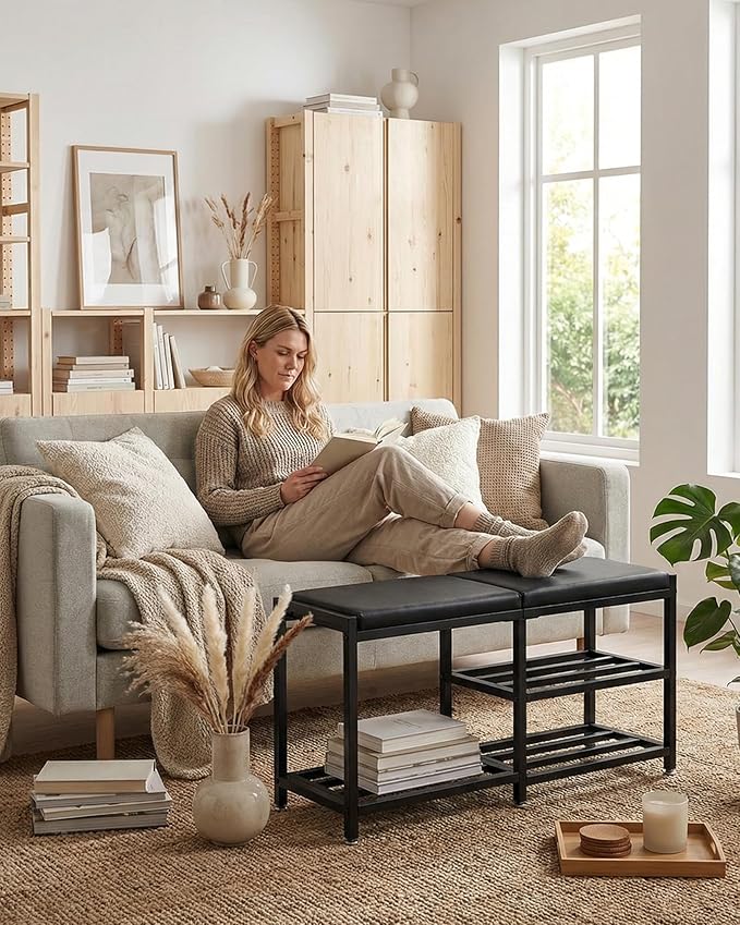 Bsketa Shoe Storage Bench with Seating,Ottoman with Storage Shoes Rack Benches for Entryway Iron Hallway Living Room Bathroom Space-Saving and Robust, Holds Up to 560 lb
