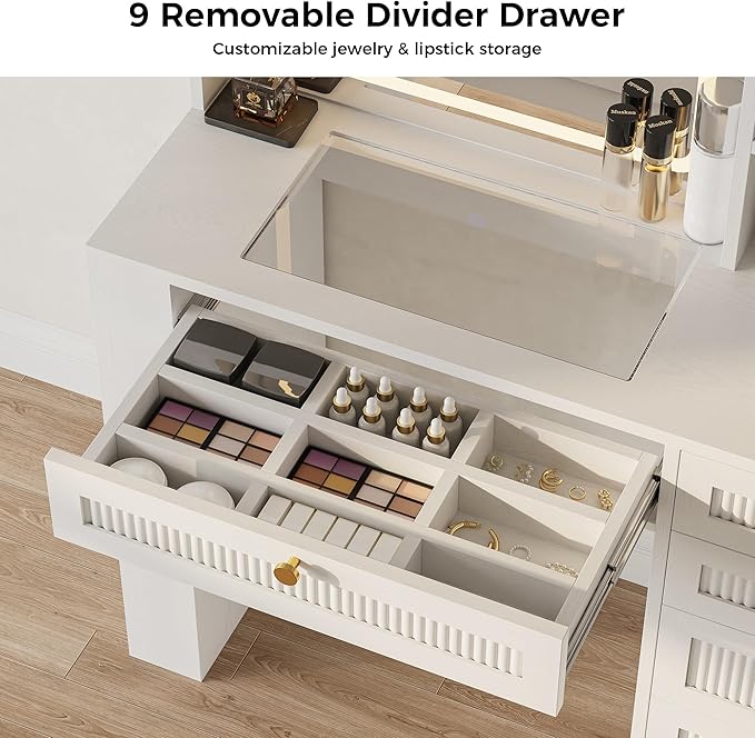 IRONCK Vanity Desk with LED Lighted Mirror, 3-Color Dimmable Makeup Vanity with Glass Top & Charging Station & Hair Dryer Holder, 4 Drawers & Open Shelves, 63" H Vanity for Bedroom, White