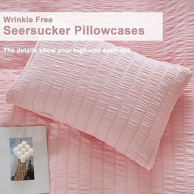 AveLom Blush Pink Seersucker Duvet Cover Set Queen Size (90 x 90 inches), 3 Pieces (1 Duvet Cover + 2 Pillow Cases), Ultra Soft Washed Microfiber, Textured Duvet Cover with Zipper Closure, Corner Ties