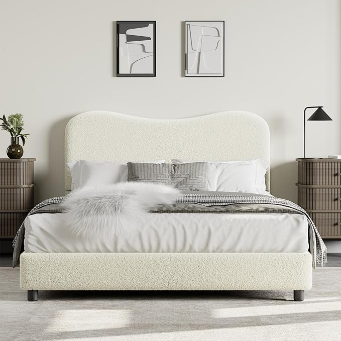 GarveeHome Boucle Full Size Bed Frame with Upholstered Headboard, Soft Low Profile Sturdy Platform Bed with Rounded Corners Design, Heavy Duty, Wooden Slats, Noise Free, No Box Spring Needed, Beige