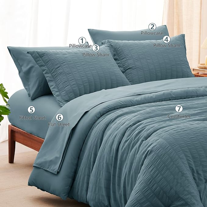 CozyLux Queen Comforter Set Mineral Blue Seersucker 7 Pieces Bed in a Bag Queen Comforter Set with Sheets, Luxury Bedding Set with Down Alternative Comforter, Sheets, Pillowcases & Shams All Seasons