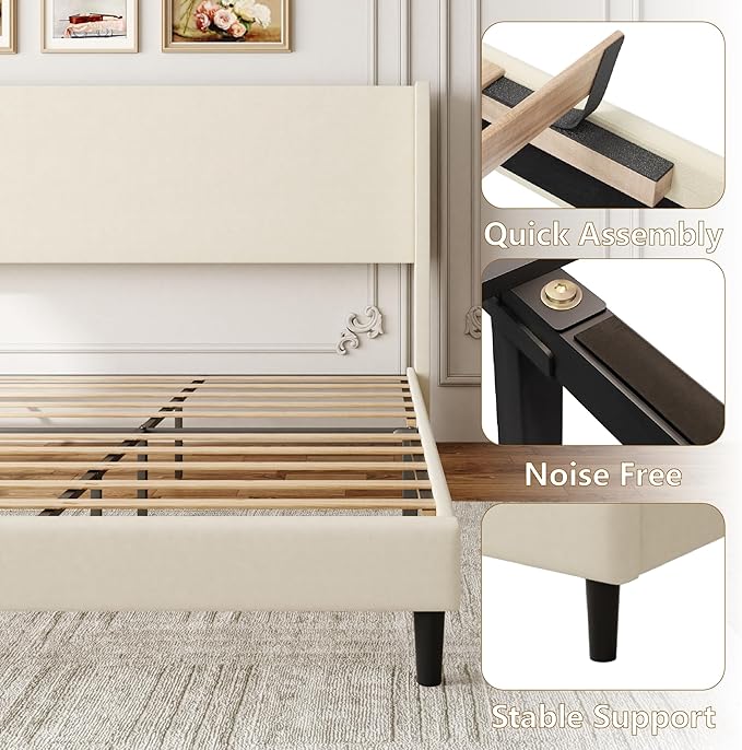 Sismplly Full Bed Frame with Wingback Headboard, Velvet Upholstered Platform Bed with Wooden Slats, 6.46“ Under Bed Storage, Metal Support, Noise Free, No Box Spring Needed, Beige