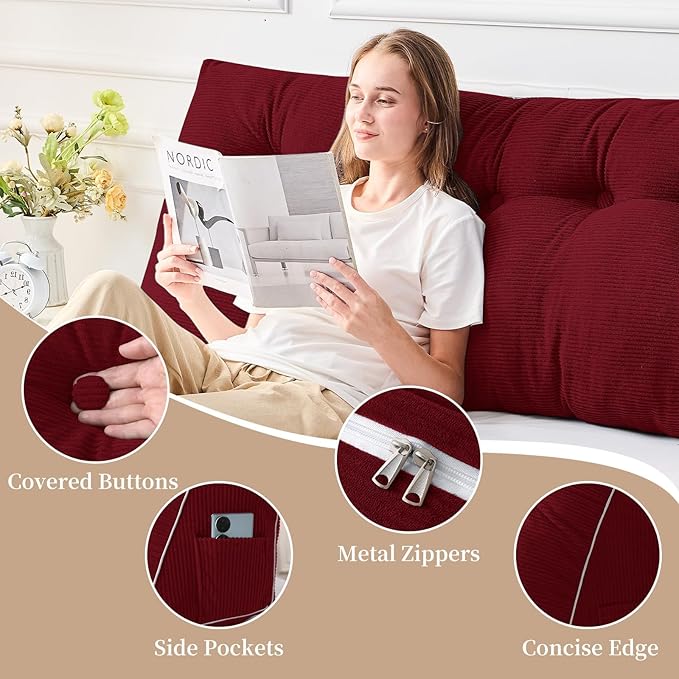 Sasttie Headboard Pillow Twin/Twin XL, Wedge Pillow Headboard for Dorm, Triangular Daybed Backrest Cushion for Sitting or Reading in Bed, with Removable Washable Cover, Wine