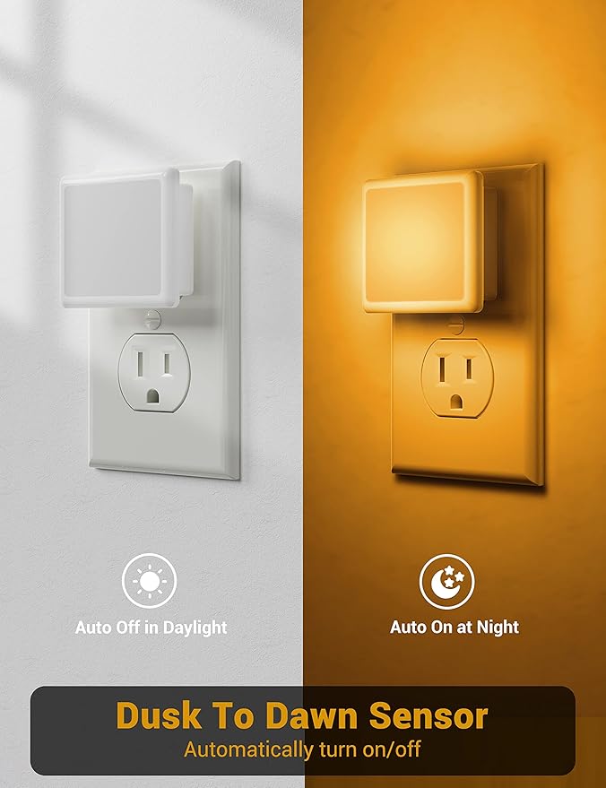 JandCase Amber Night Light[2 Pack], Night Lights Plug into Wall, LED Plug in Nightlight with Dusk-to-Dawn Sensor, 0.3W Dim Night Light for Sleep, Bedroom, Bathroom, Hallway, Non-dimmable