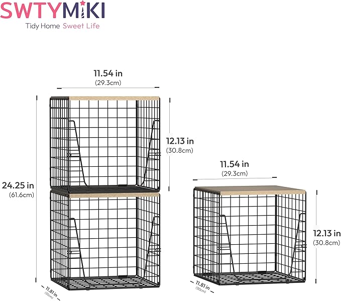 SWTYMIKI 3PCS Closet Organizers and Storage - Stackable Closet Basket with Wood Top Shelf, Clothes Storage Shelves, Clothes Drawer Bins for Wardrobe, Bedroom, Entryway, Black