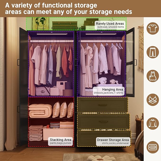 75" Tall Farmhouse 4 Doors Armoire Wardrobe Closet with 3 Drawers and LED,Freestanding Closet Wardrobe Cabinet for Bedroom with Hanging Rod,Wooden Armoire Storage Cabinet with Adjustable shelve(Black)