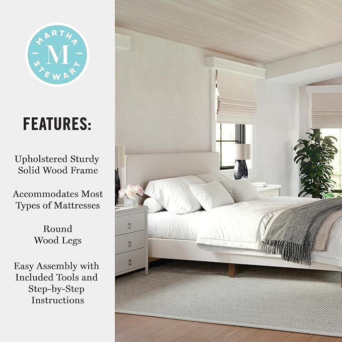 Martha Stewart Britta Platform Bed with Headboard & Footboard, Faux Linen Upholstery with Piping Detail, Rounded Headboard, No Box Spring Needed, King, Beige
