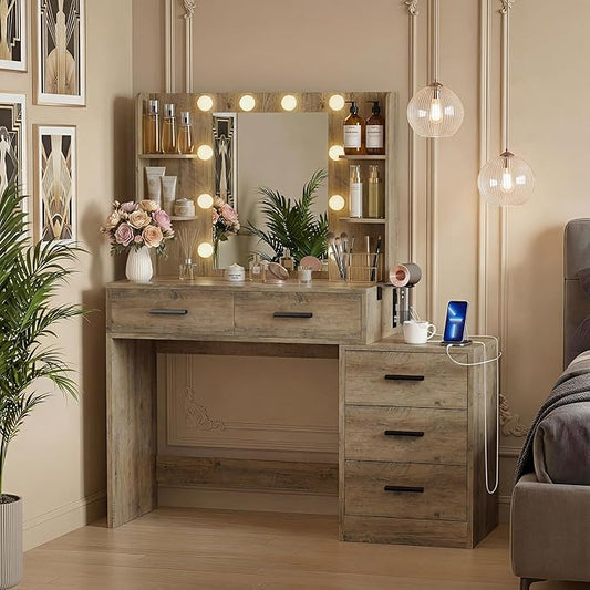 YESHOMY Makeup Vanity Desk with Mirror & Lights, Vanity Table with 5 Drawer, 6 Shelves, Charging Station for Bedroom, Dressing Room, Oak
