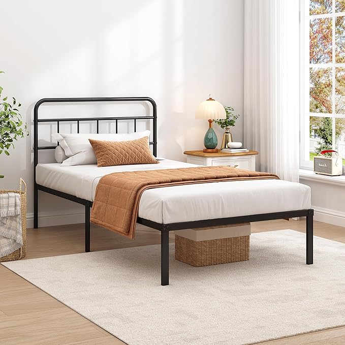 Twin Bed Frame with Classic Headboard,Strong Metal Slats Support,Under Bed Storage Space,No Box Spring Needed,Easy to Assemble,Black