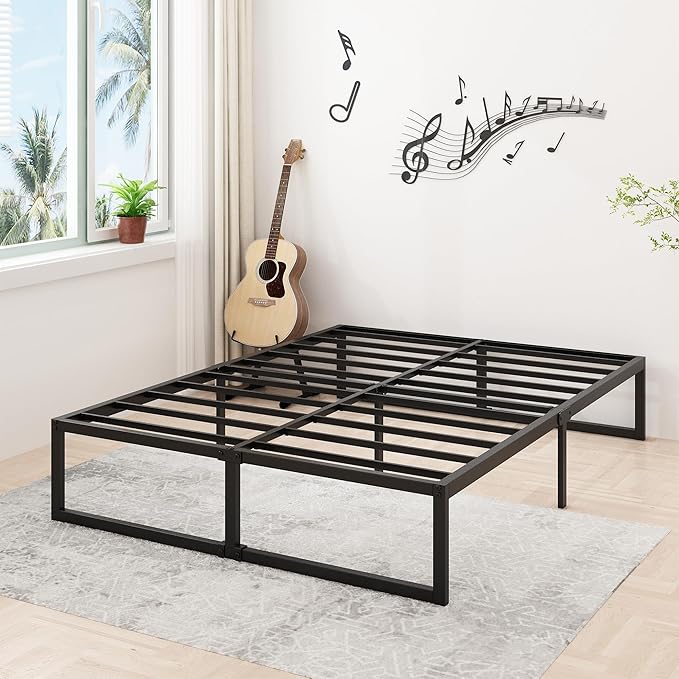Lutown-Teen 14 Inch Full XL Size Bed Frame No Box Spring Needed, Heavy Duty XL Full Metal Platform Beds with Sturdy Steal Slats for Mattress Foundation, Easy Assembly, Noise Free, Black