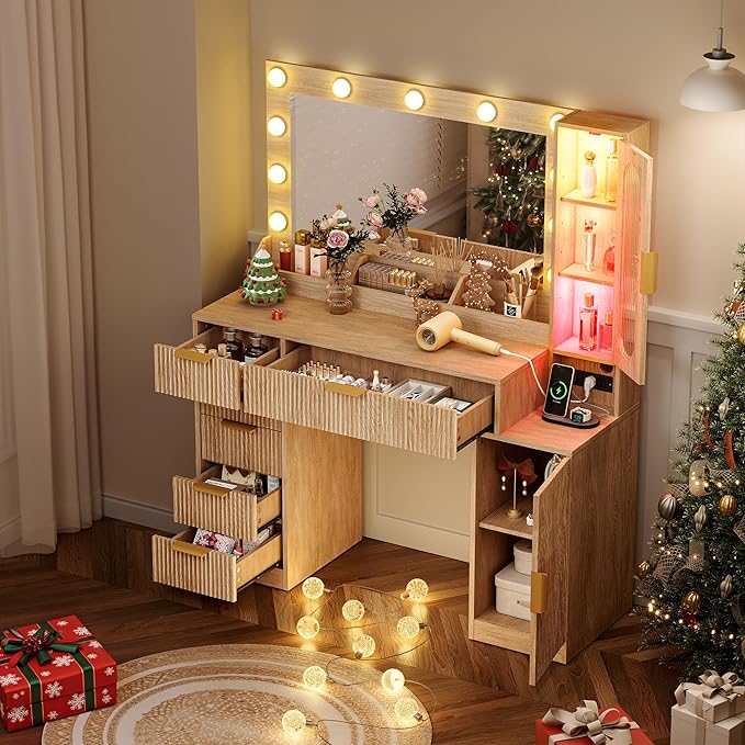 Fluted Makeup Vanity Desk with Large 31.4" Mirror and Sound Sync RGB Lights, Wood Vanity with 6 Drawers, 2 Cabinet & 3 Compartments, Charging Station, Bedroom Dressing Table, Natural Oak