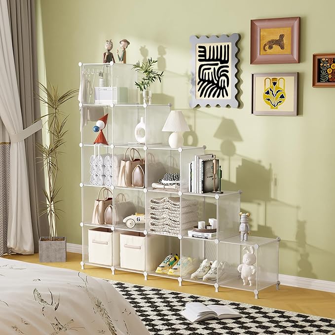 AWTATOS Cube Storage Organizer, 16 Cube Closet Organizers and Storage Shelves, DIY Stackable Bookshelf for Bedroom, Home, Translucent Twill