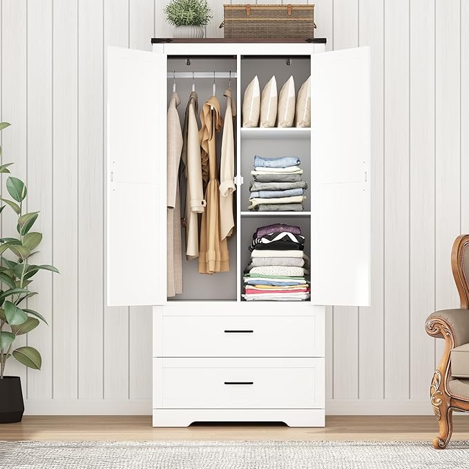 Hlivelood 2 Doors Wardrobe Armoire Closet with Doors and Drawers, Farmhouse Wooden Armoire Storage Cabinet with Shelves & Hanging Rod for Bedroom, White